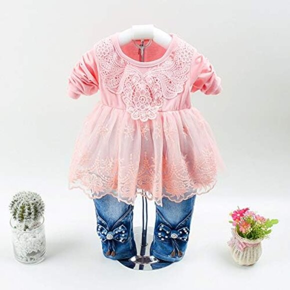 Little Girls Clothing Set 3pcs Long Sleeve T-Shirt Denim Jacket and Jeans - Picture 2 of 9